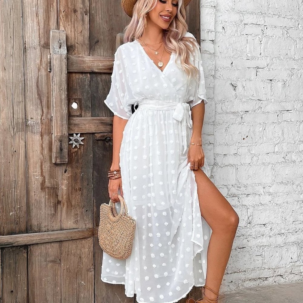 White Preppy Womens Swiss Dot Wrap Detail Dolman Sleeve Belted Dress - Picture 4 of 5